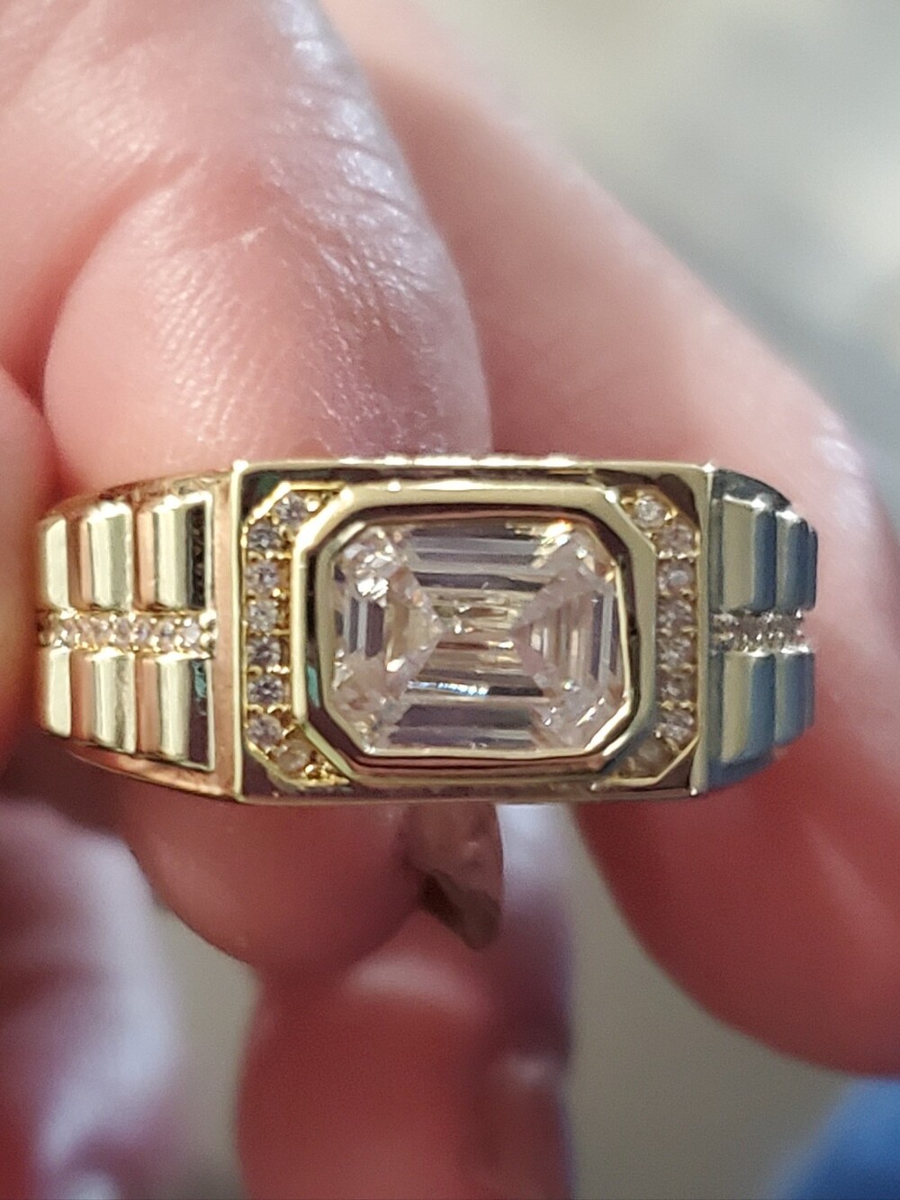 Men's Gold Filled Emerald Cut Signet Ring CZ Bagel Halo Statement Band Sz 11 TG